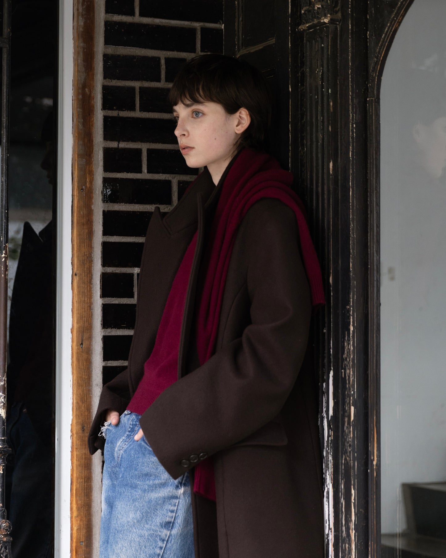 DOUBLE-BREASTED MAXI WOOL COAT / BROWN