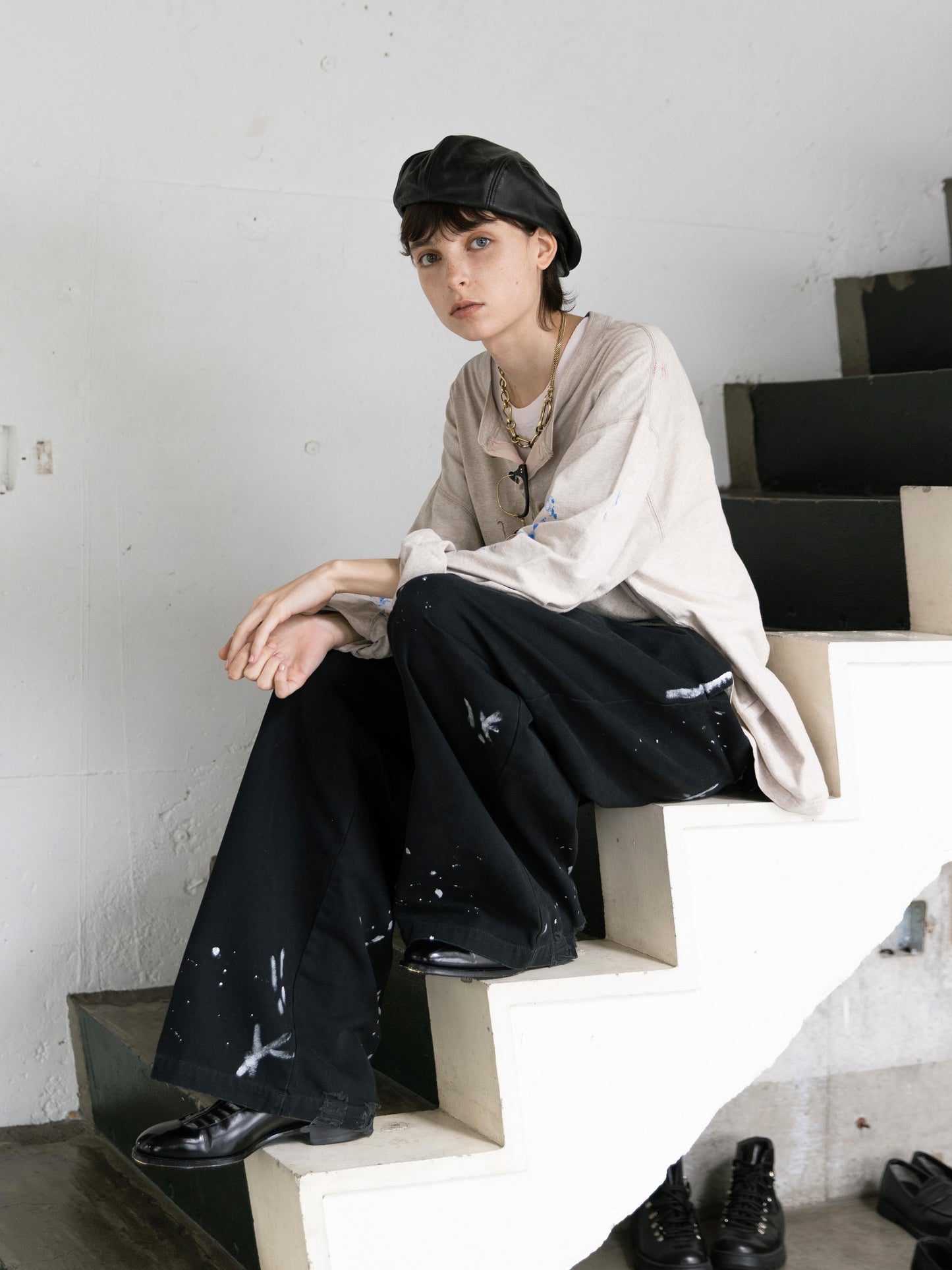 DICKIES EXCLUSIVE FOR ILÉAN VINTAGE PAINT BAGGY PANTS / BLACK