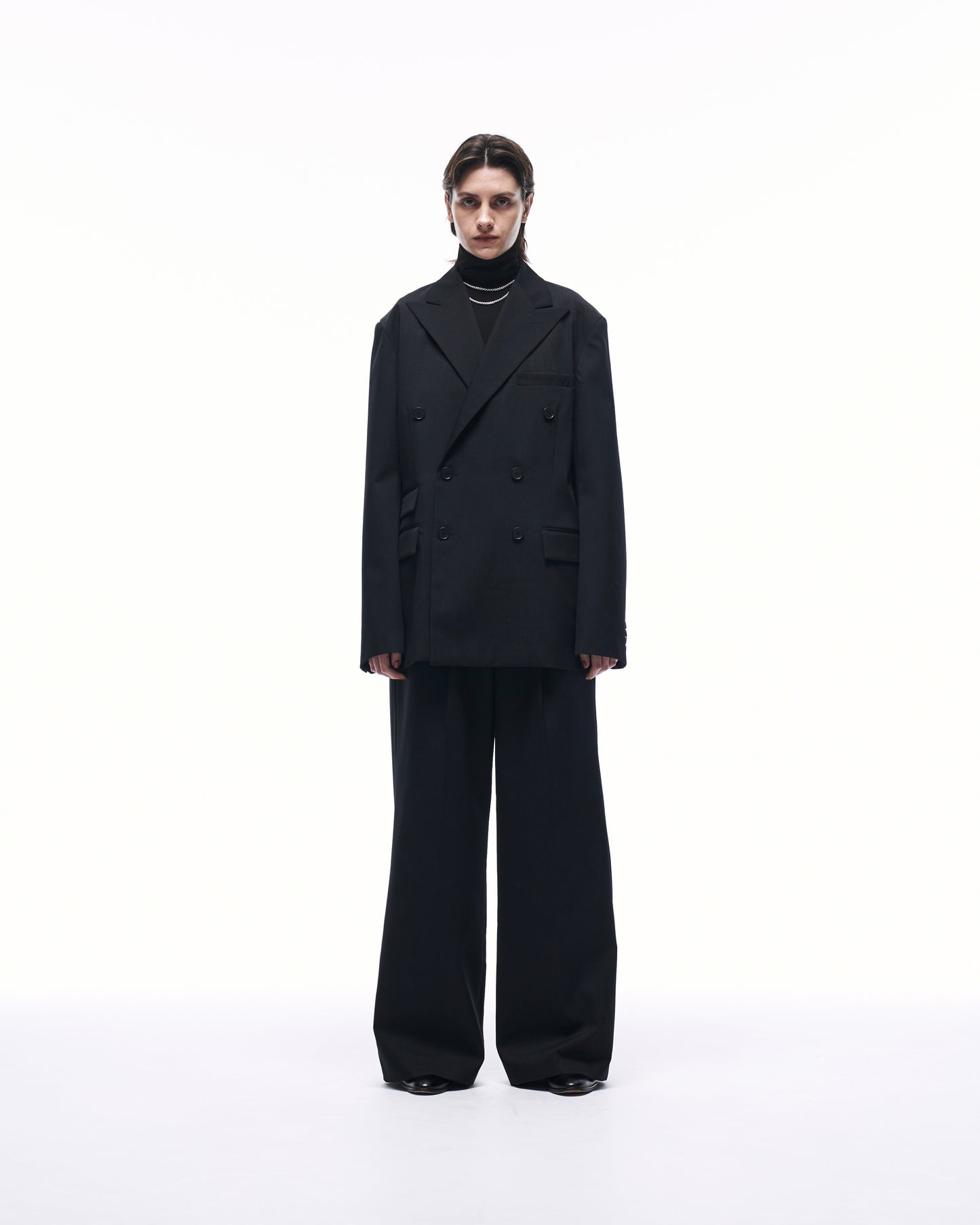 WIDE STRAIGHT BUGGY WOOL SLACKS (STRIPED)