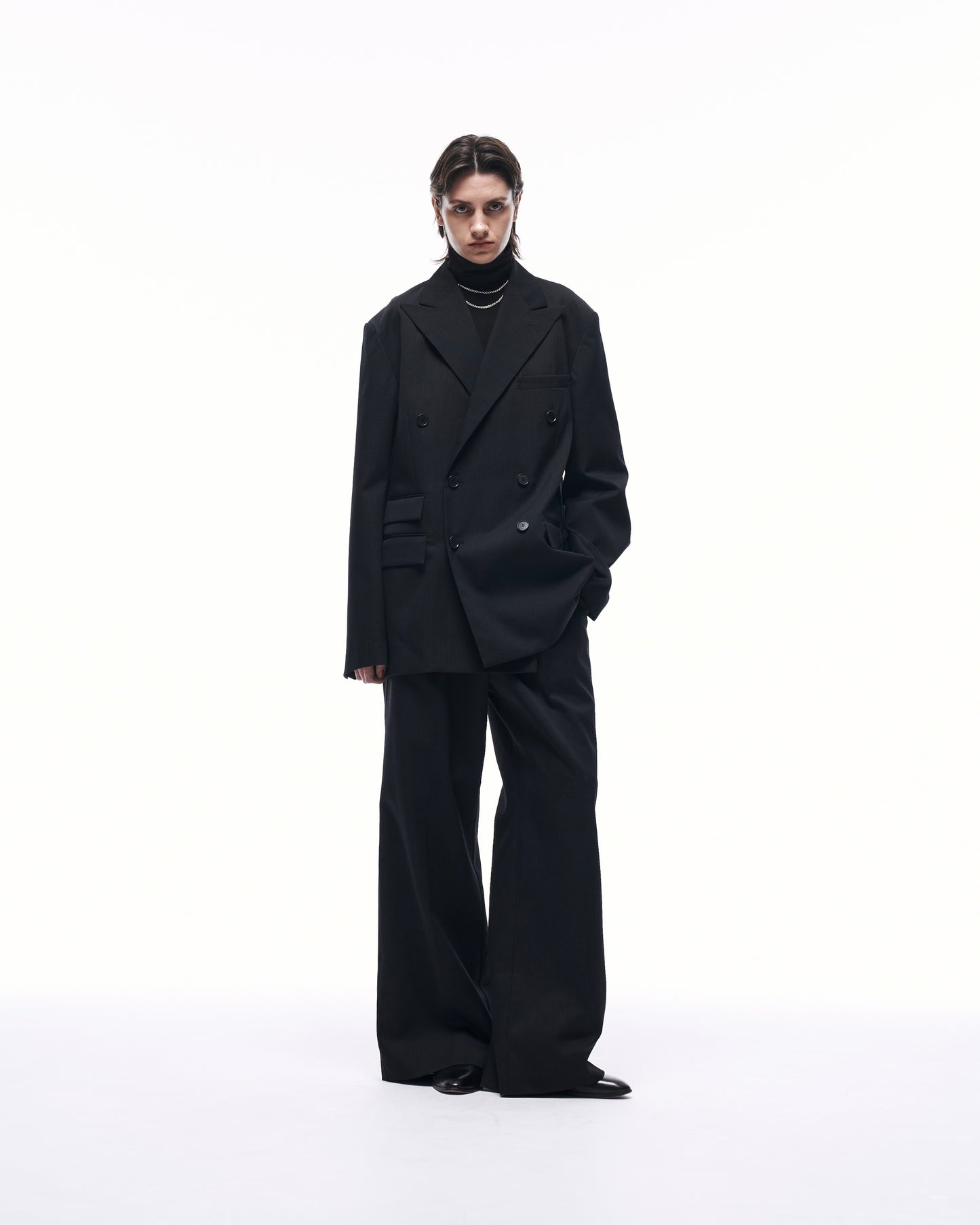 WIDE STRAIGHT BUGGY WOOL SLACKS (STRIPED)