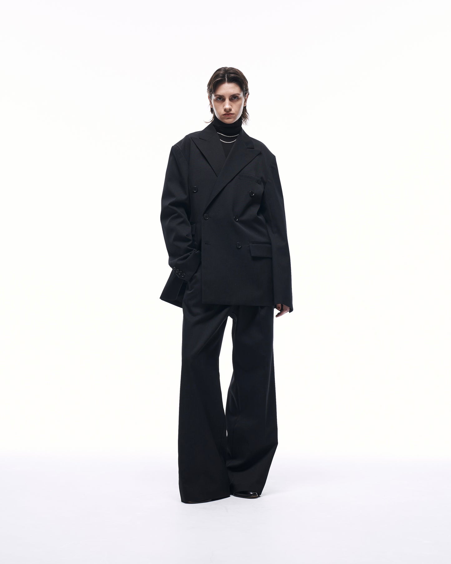WIDE STRAIGHT BUGGY WOOL SLACKS (STRIPED)