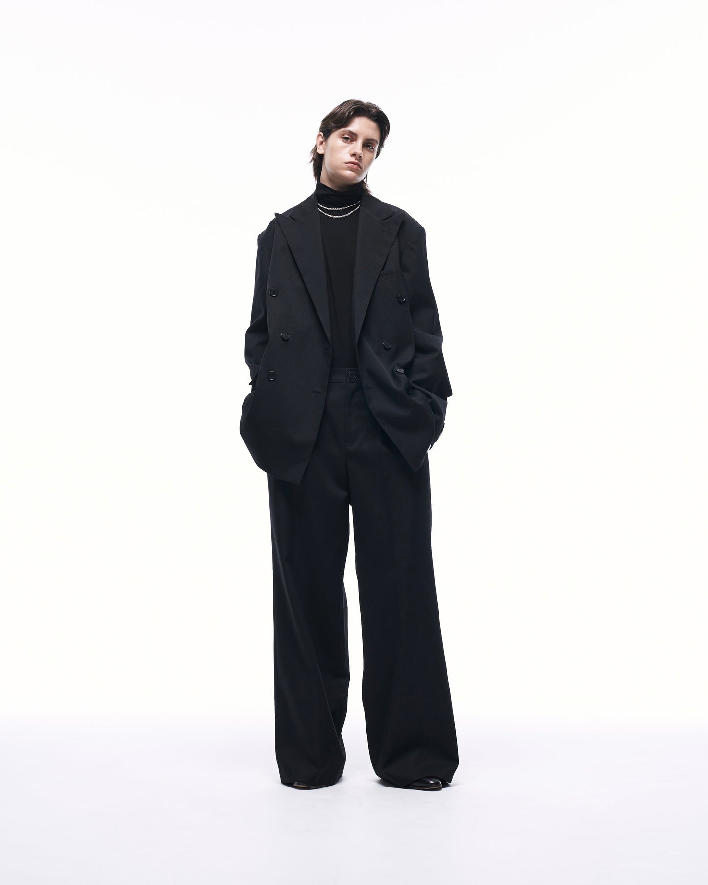 WIDE STRAIGHT BUGGY WOOL SLACKS (STRIPED)