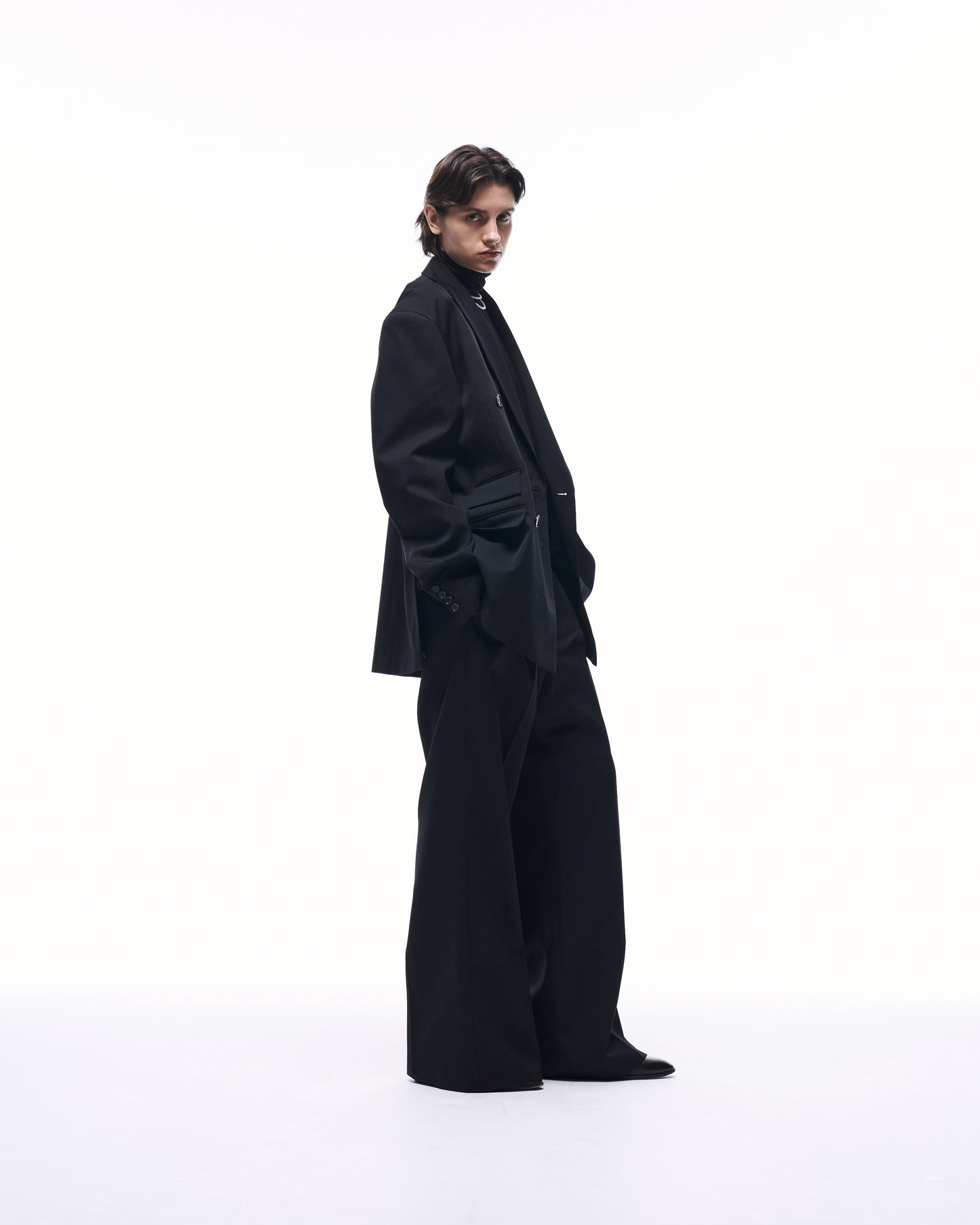 WIDE STRAIGHT BUGGY WOOL SLACKS (STRIPED)