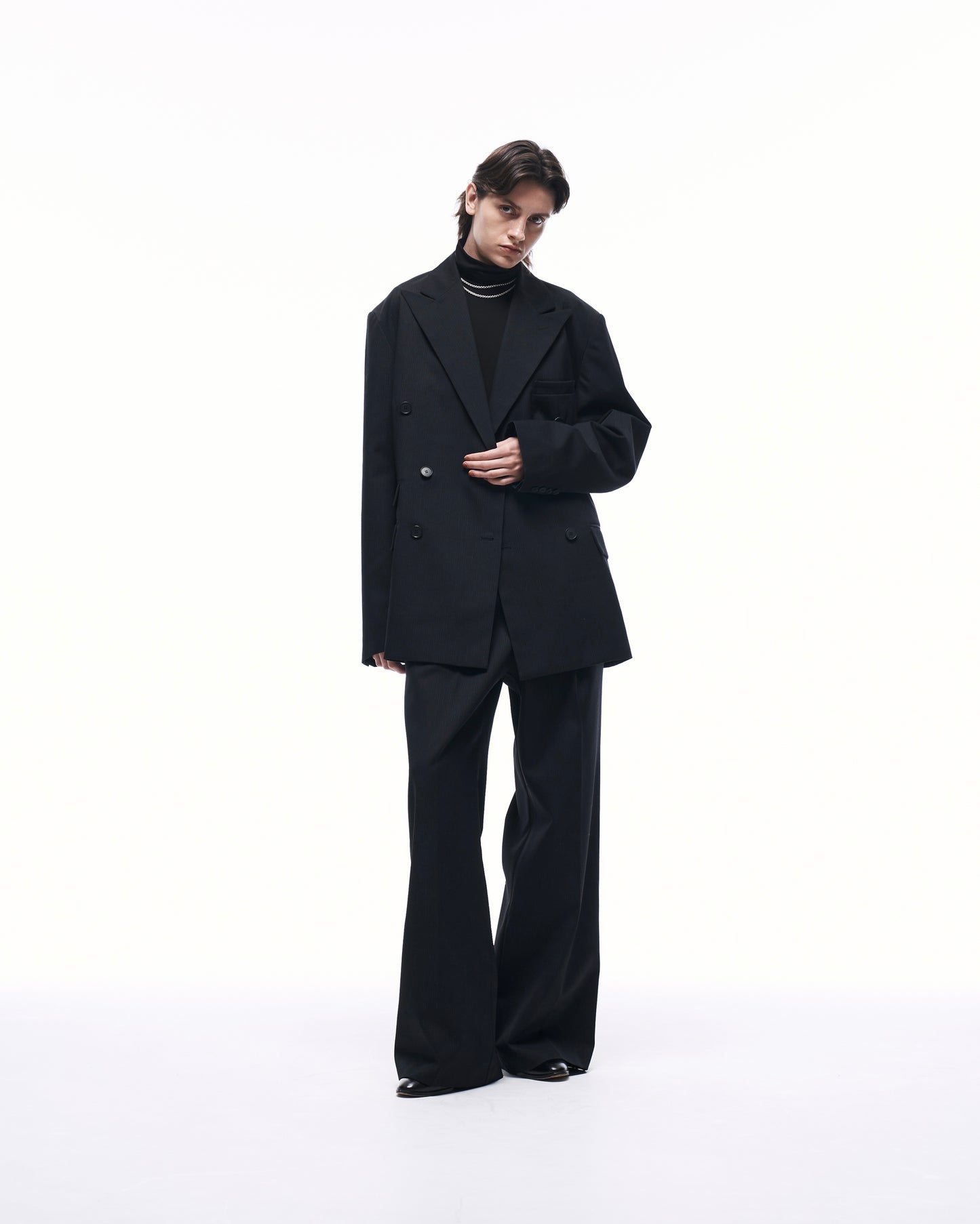 WIDE STRAIGHT BUGGY WOOL SLACKS (STRIPED)
