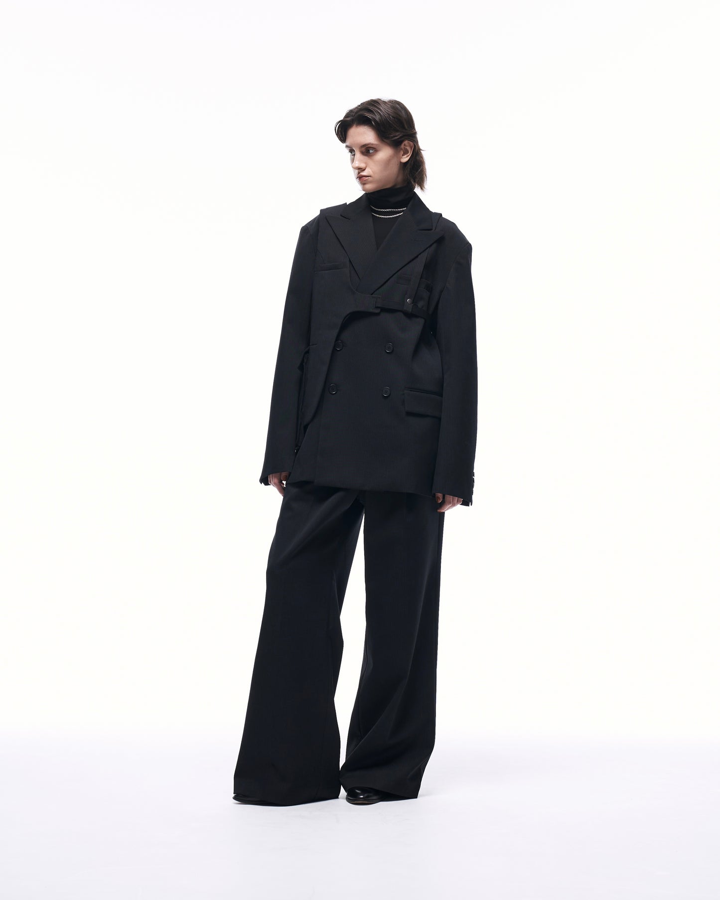WIDE STRAIGHT BUGGY WOOL SLACKS (STRIPED)