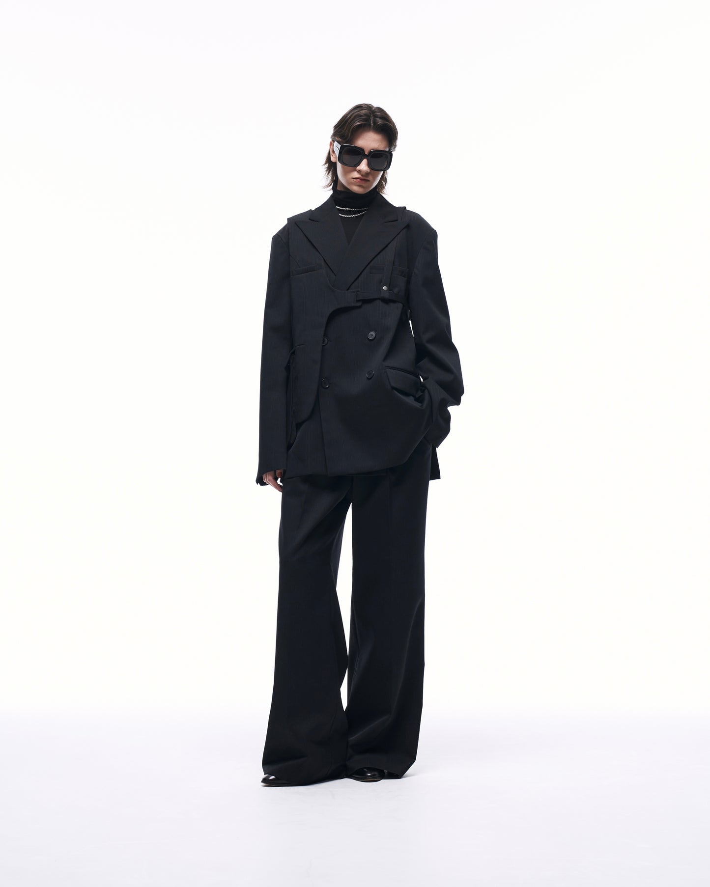 WIDE STRAIGHT BUGGY WOOL SLACKS (STRIPED)