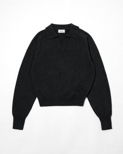 COTTON WOOL SKIPPER KNIT POLO / BLACK