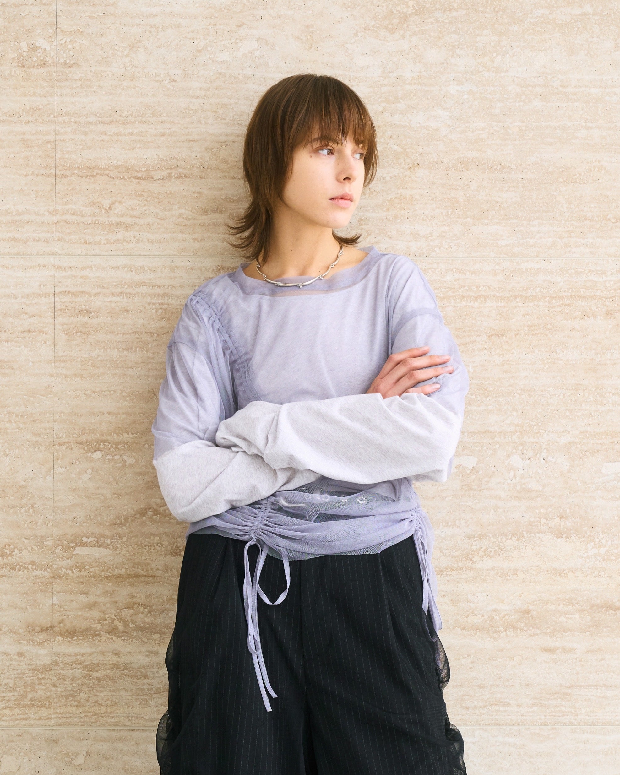 TULLE MODULAR LAYERED LONG SLEEVE T-SHIRT ⁡/ GRAY – ILEAN