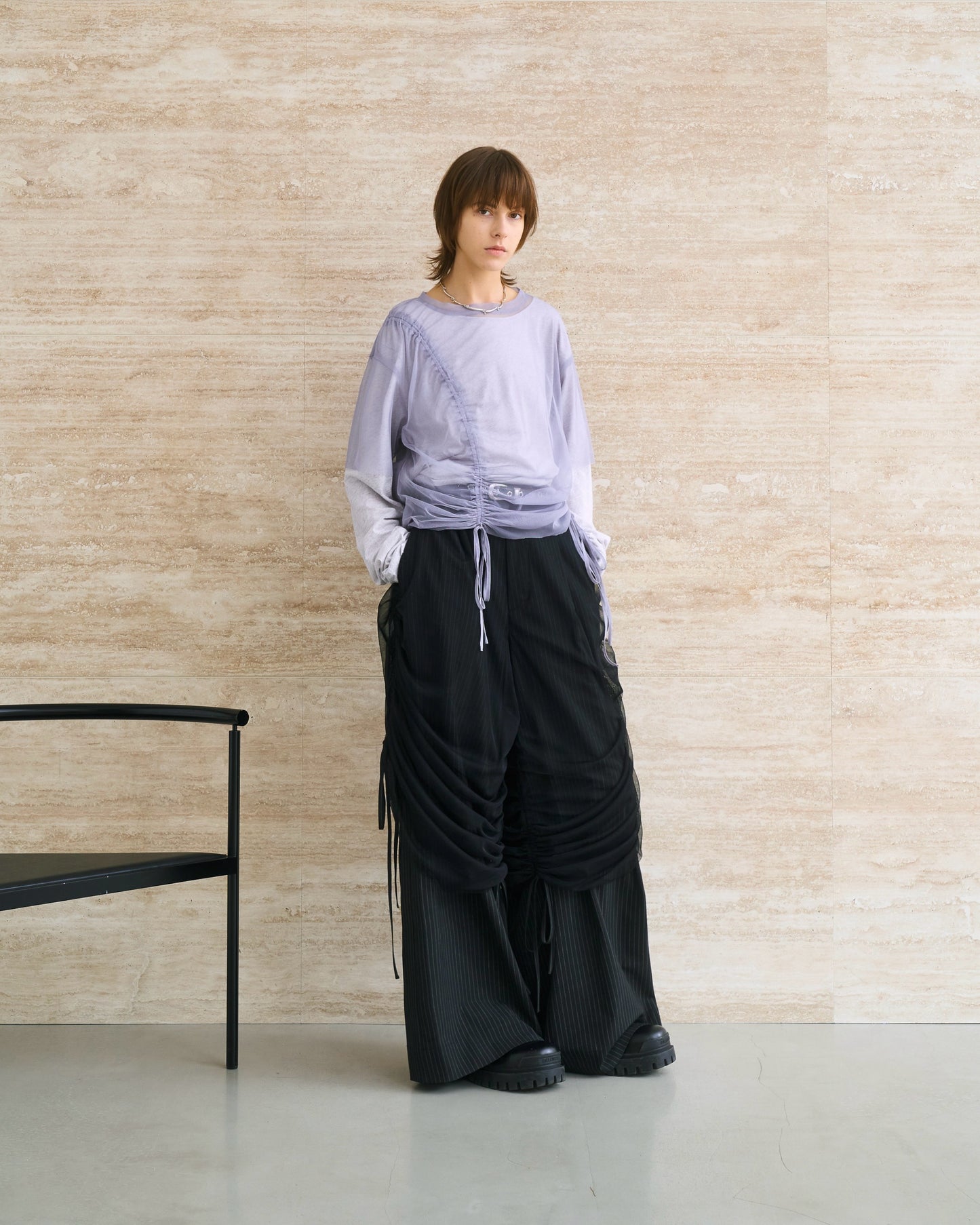Tulle Layered Modular Stripe Slacks