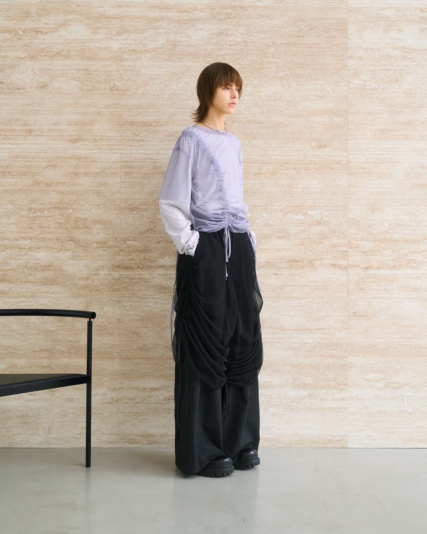 Tulle Layered Modular Stripe Slacks