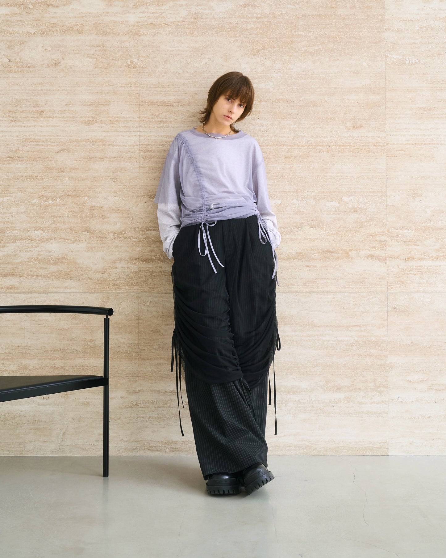 Tulle Layered Modular Stripe Slacks
